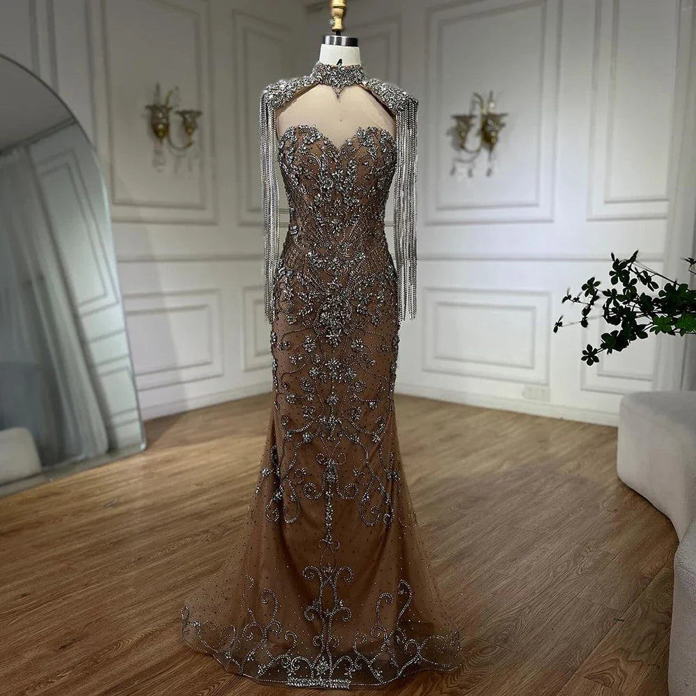 Luxury Dubai Caramel Mermaid Tassel Beaded Evening Dress LA72237A
