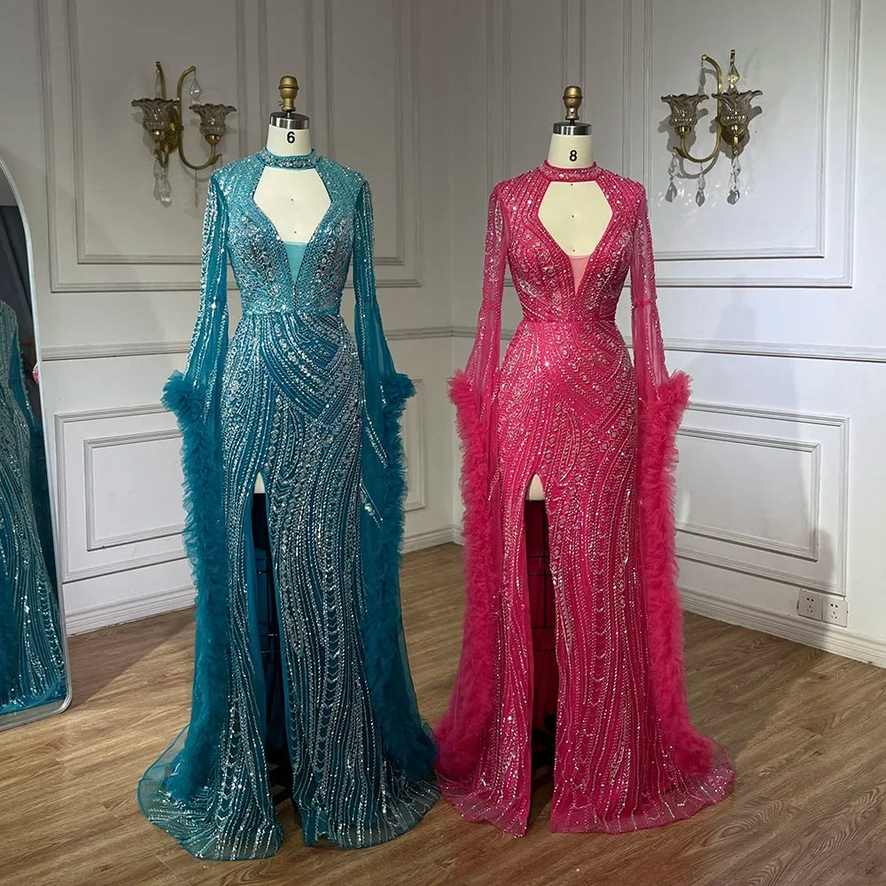 Serene Hill Arabic Luxury Fuchsia Evening Dress with Cape Sleeves LA72597