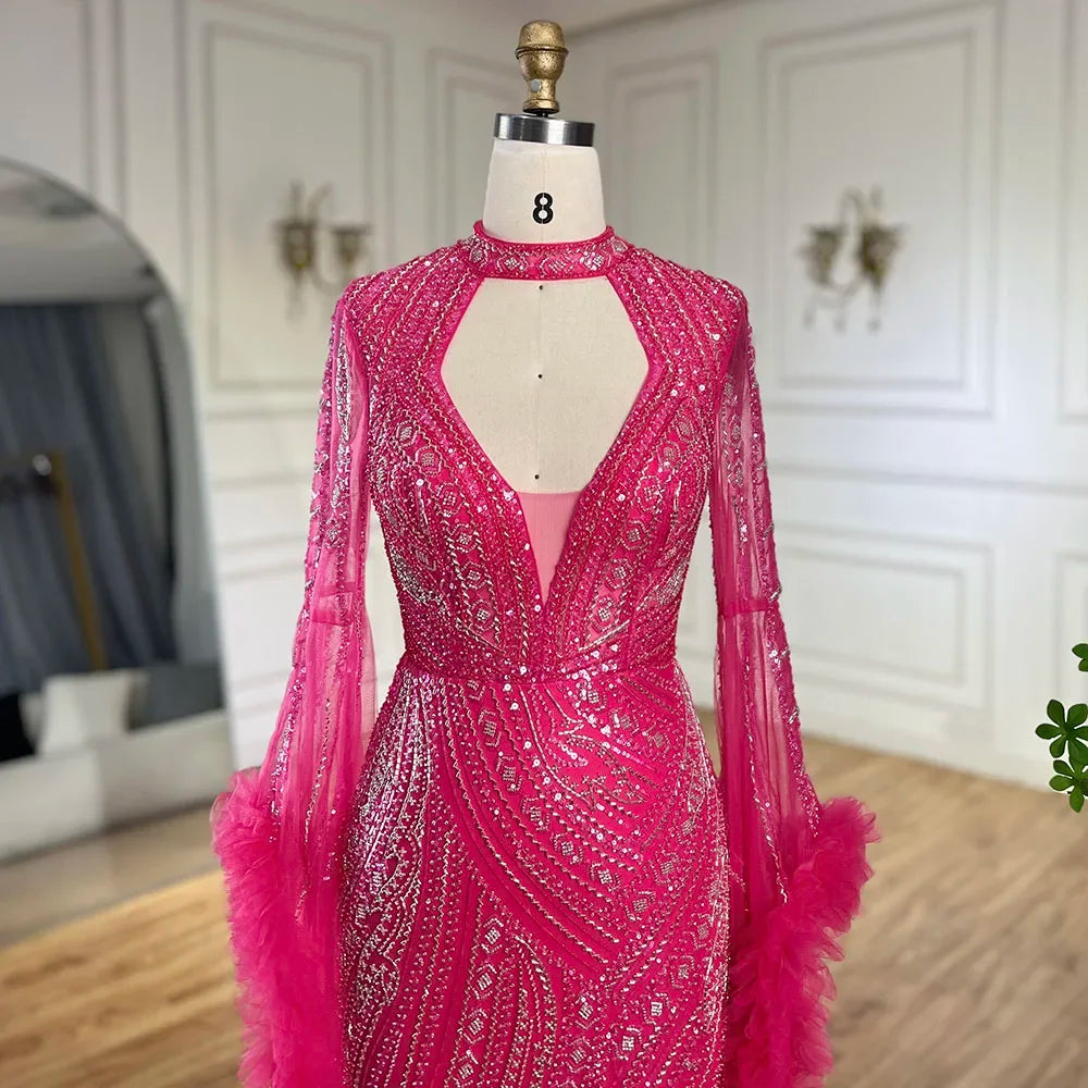 Serene Hill Arabic Luxury Fuchsia Evening Dress with Cape Sleeves LA72597