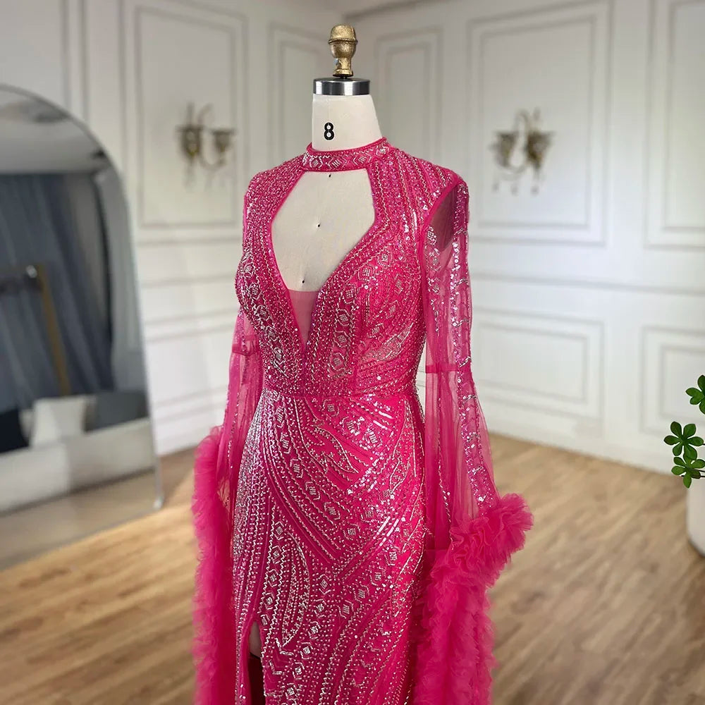 Serene Hill Arabic Luxury Fuchsia Evening Dress with Cape Sleeves LA72597