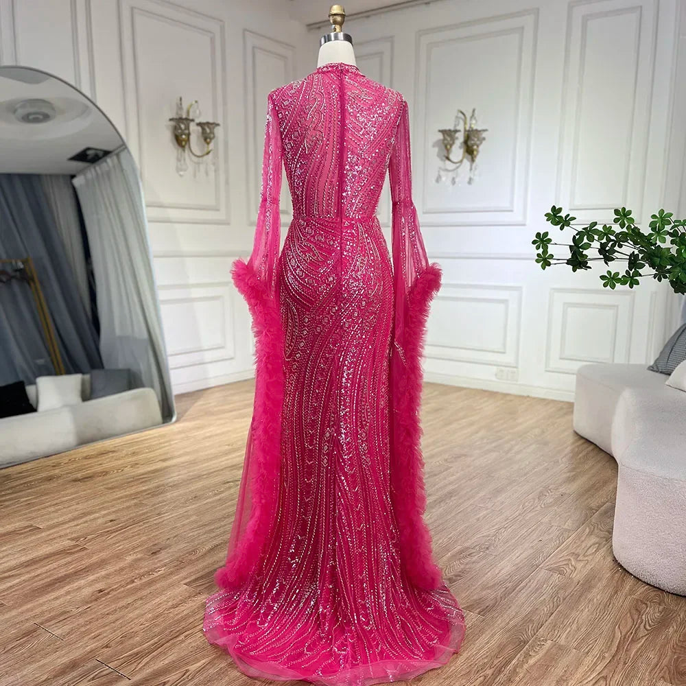 Serene Hill Arabic Luxury Fuchsia Evening Dress with Cape Sleeves LA72597
