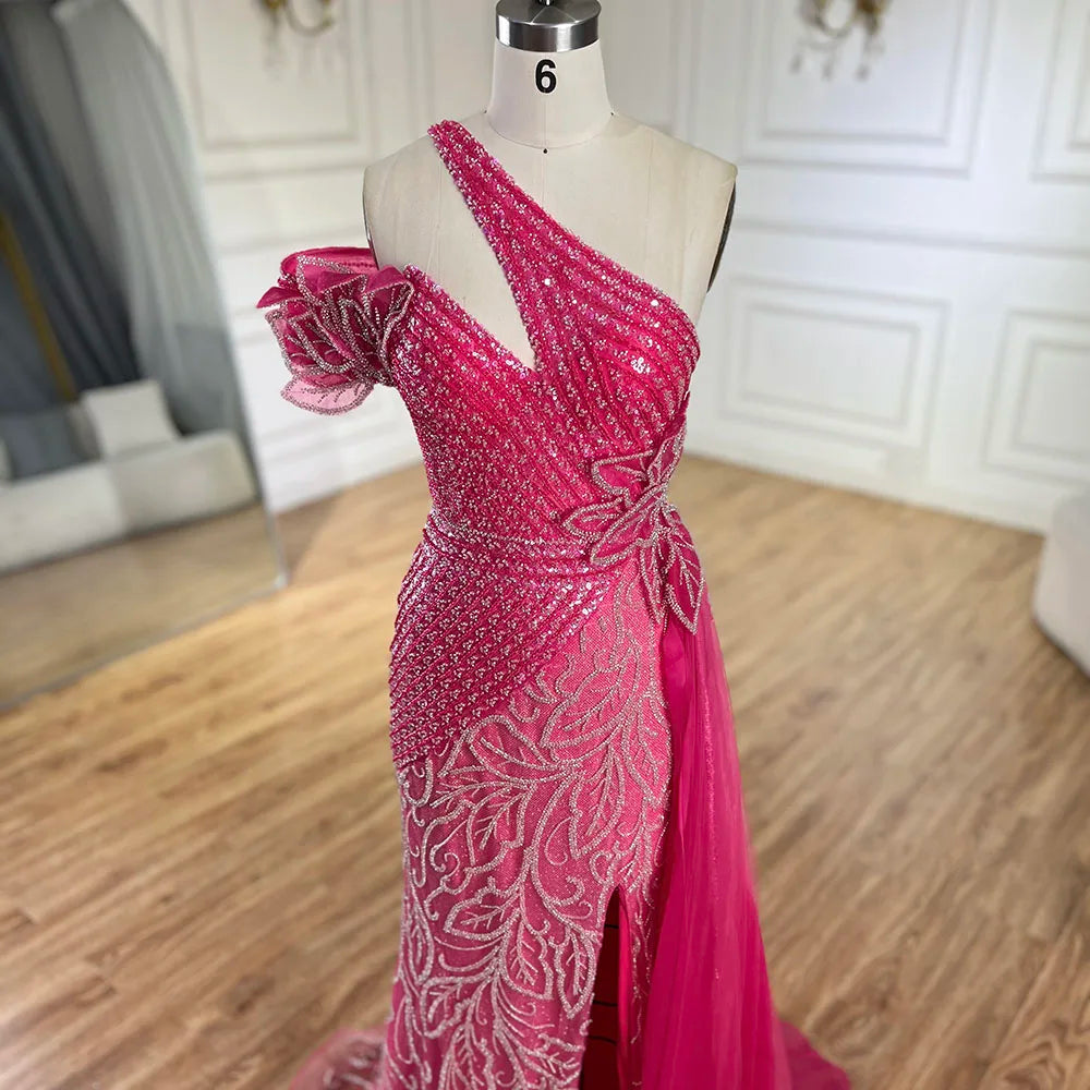 Serene Hill Arabic Fuchsia One-Shoulder Tulle Overskirt Mermaid Beaded Evening Gown for Women | Wedding Party 2025 LA72599
