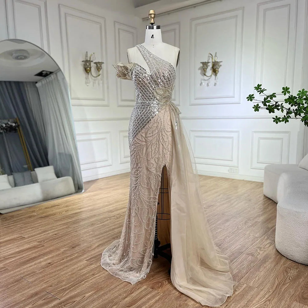 Serene Hill Arabic Fuchsia One-Shoulder Tulle Overskirt Mermaid Beaded Evening Gown for Women | Wedding Party 2025 LA72599