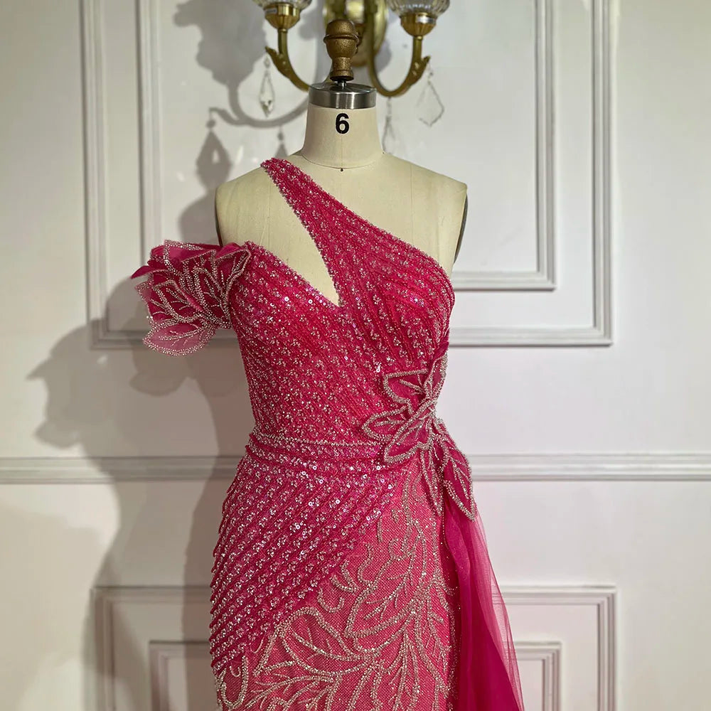 Serene Hill Arabic Fuchsia One-Shoulder Tulle Overskirt Mermaid Beaded Evening Gown for Women | Wedding Party 2025 LA72599