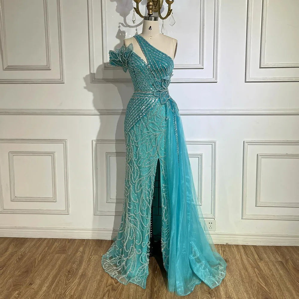 Serene Hill Arabic Fuchsia One-Shoulder Tulle Overskirt Mermaid Beaded Evening Gown for Women | Wedding Party 2025 LA72599