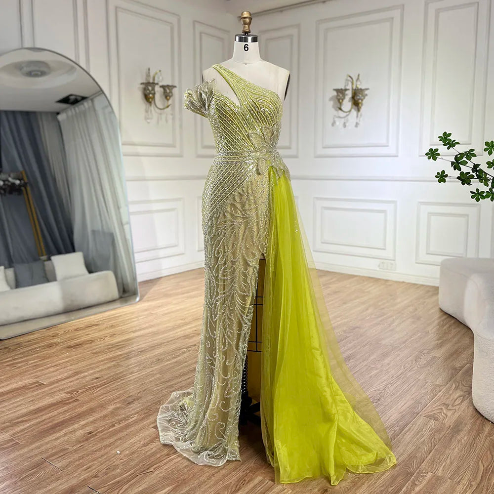 Serene Hill Arabic Fuchsia One-Shoulder Tulle Overskirt Mermaid Beaded Evening Gown for Women | Wedding Party 2025 LA72599