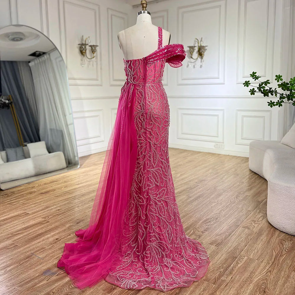 Serene Hill Arabic Fuchsia One-Shoulder Tulle Overskirt Mermaid Beaded Evening Gown for Women | Wedding Party 2025 LA72599