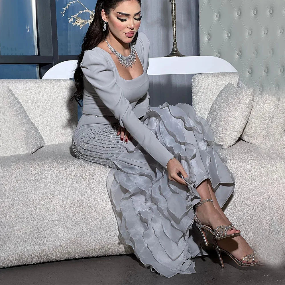 Serene Hill Arabic Gray Mermaid Elegant Ankle Length Beaded Satin Luxury Evening Dresses Gowns For Women Party 2025 LA72317