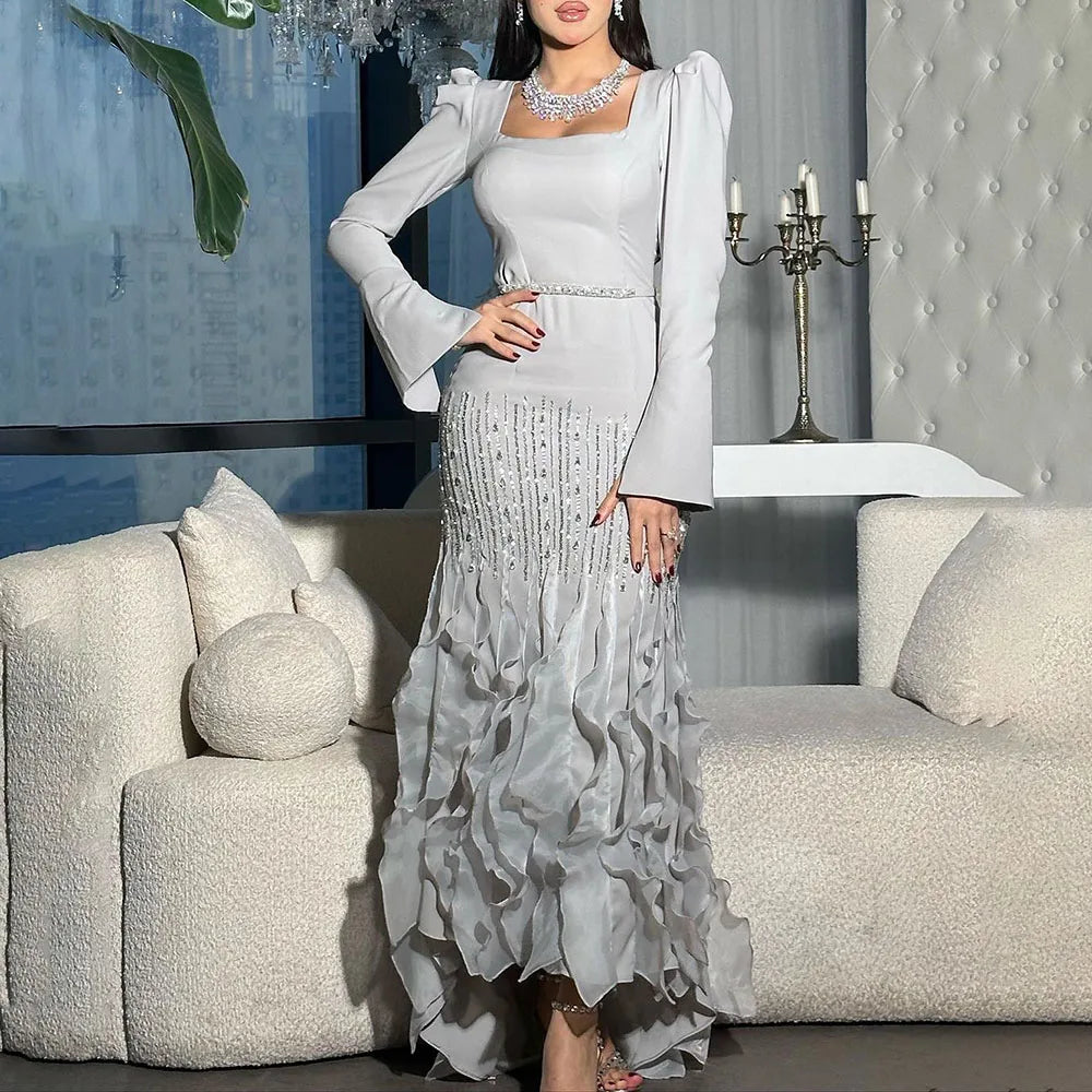 Serene Hill Arabic Gray Mermaid Elegant Ankle Length Beaded Satin Luxury Evening Dresses Gowns For Women Party 2025 LA72317
