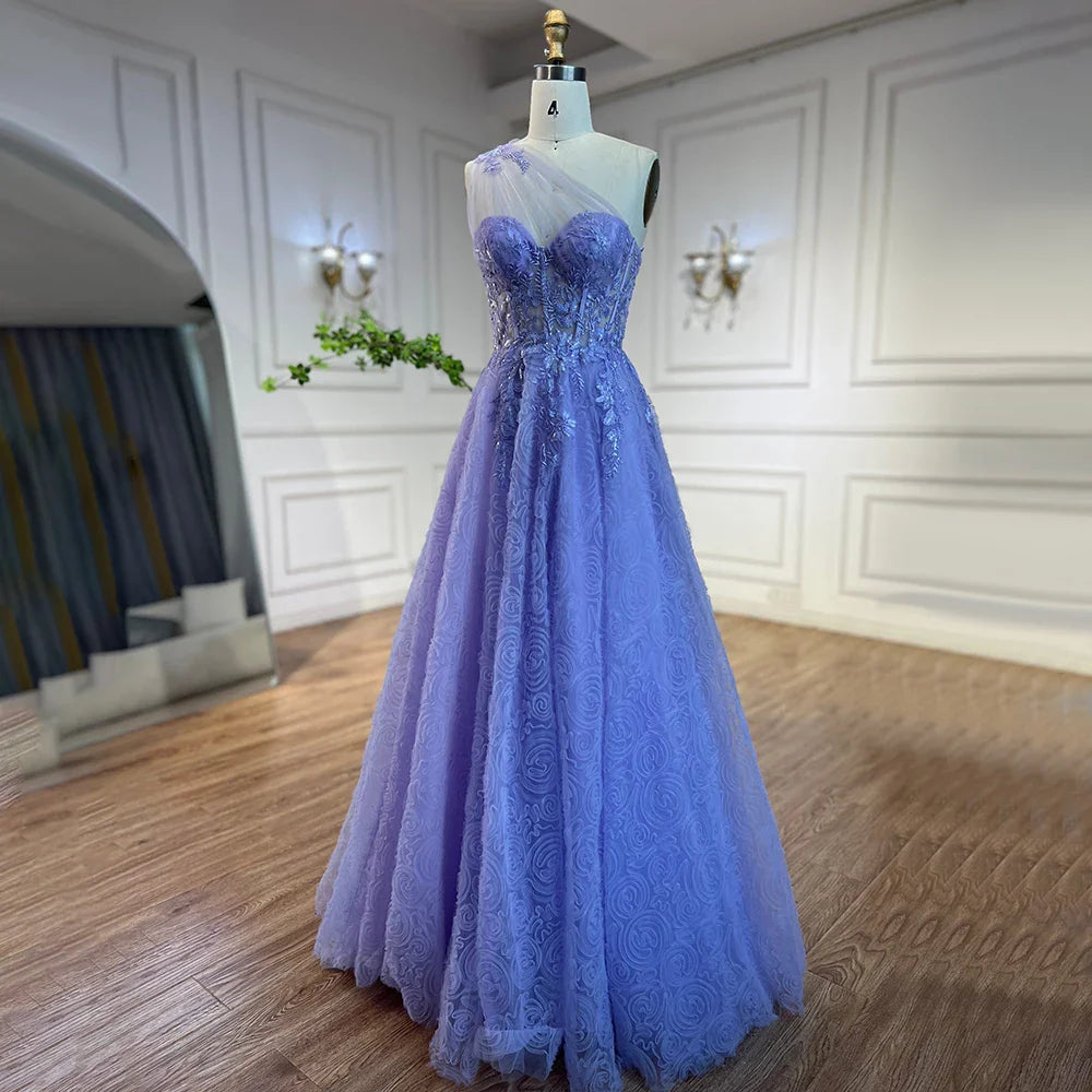 Luxury Lilac One-Shoulder A-Line Lace Prom Dress for Women's Party 2025 LA72637