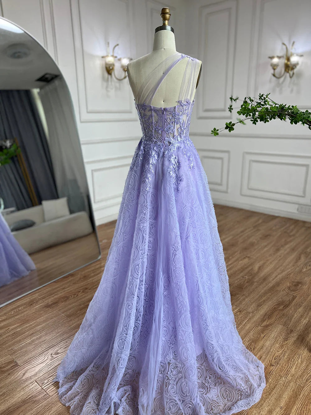 Luxury Lilac One-Shoulder A-Line Lace Prom Dress for Women's Party 2025 LA72637