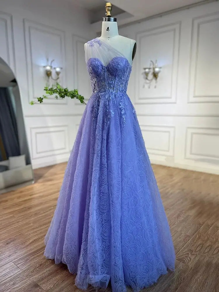 Luxury Lilac One-Shoulder A-Line Lace Prom Dress for Women's Party 2025 LA72637