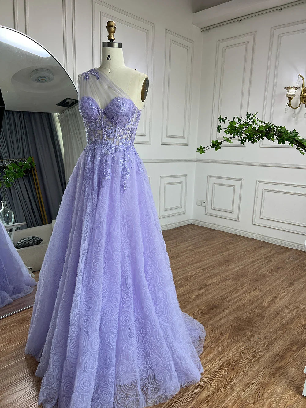 Luxury Lilac One-Shoulder A-Line Lace Prom Dress for Women's Party 2025 LA72637