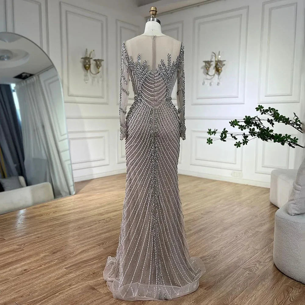 Muslim Elegant Crystal Pearls Evening Dresses With Long Sleeve LA72478