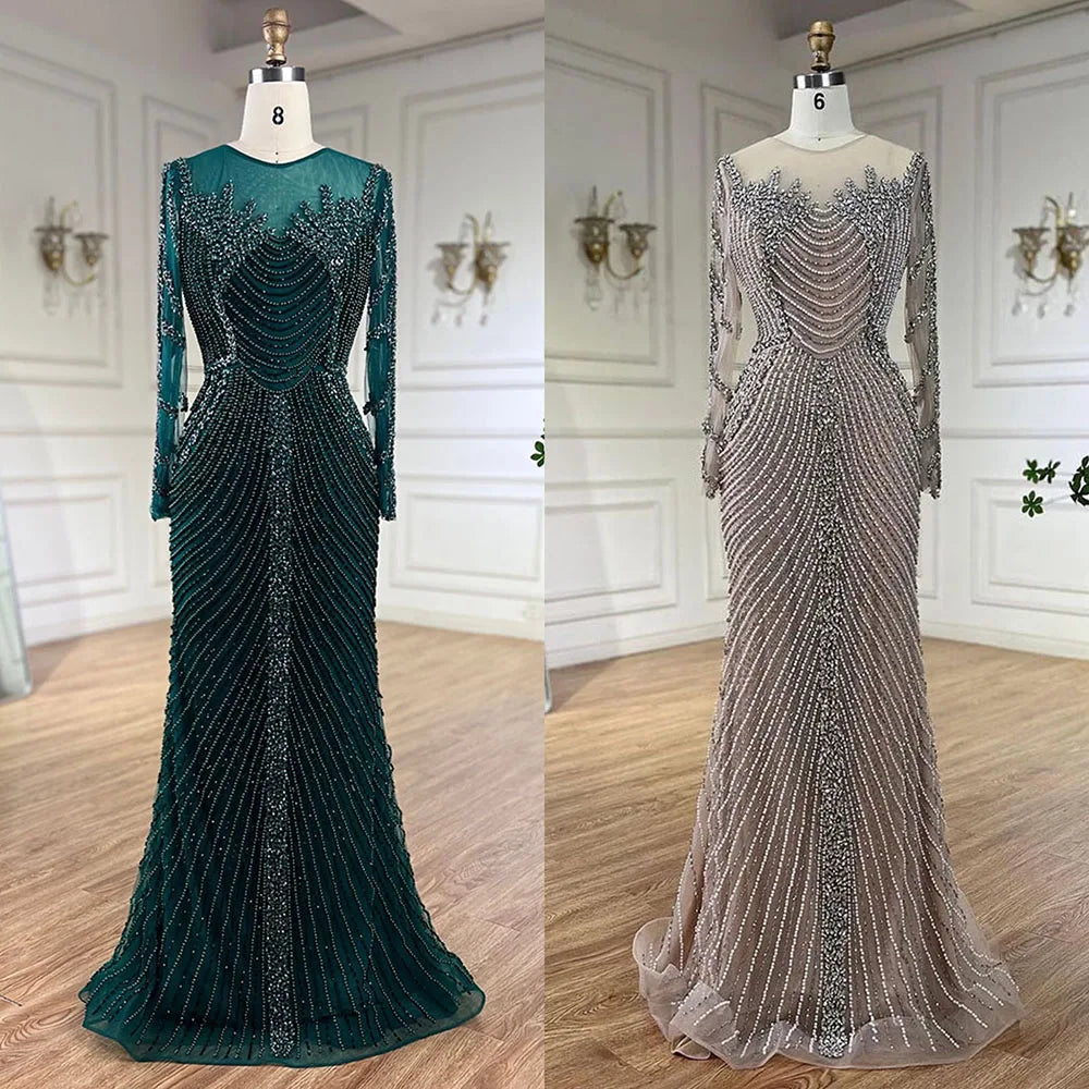 Muslim Elegant Crystal Pearls Evening Dresses With Long Sleeve LA72478