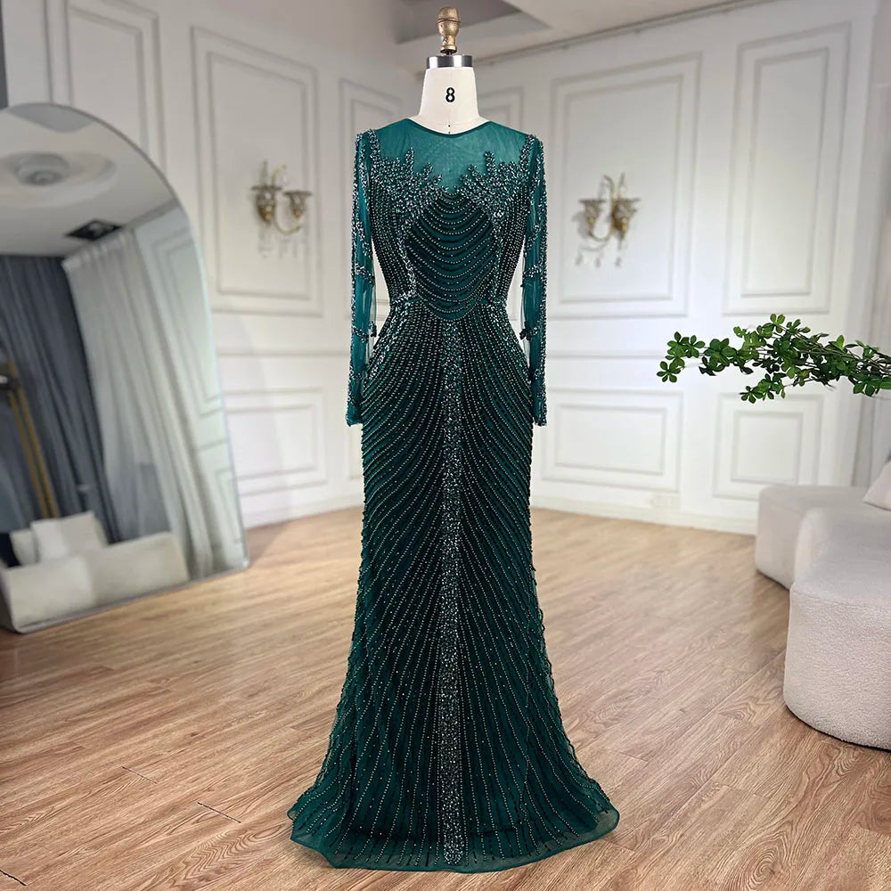 Muslim Elegant Crystal Pearls Evening Dresses With Long Sleeve LA72478