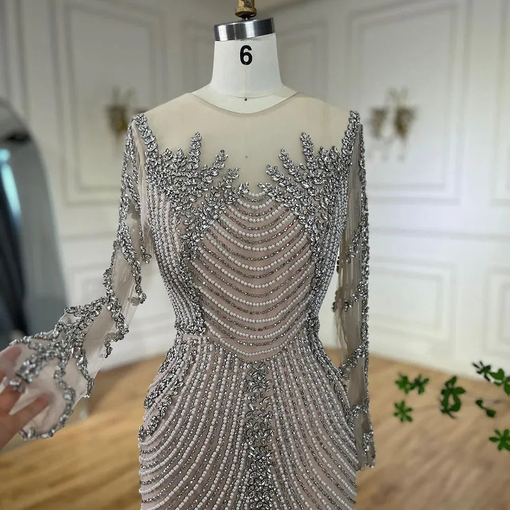 Muslim Elegant Crystal Pearls Evening Dresses With Long Sleeve LA72478