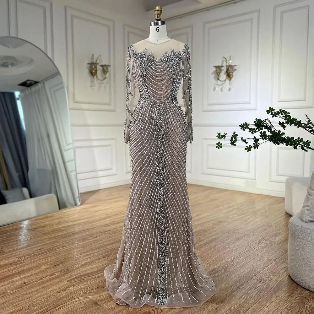 Muslim Elegant Crystal Pearls Evening Dresses With Long Sleeve LA72478