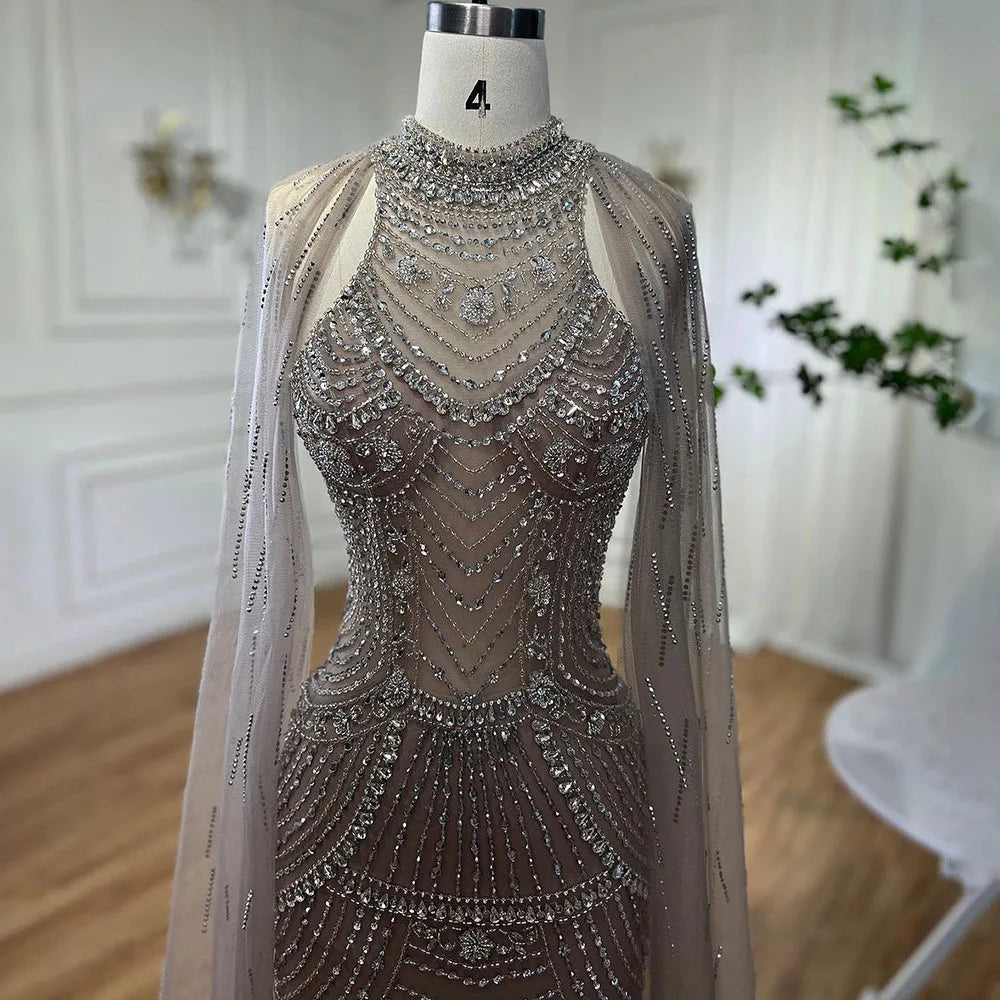 Luxury Dubai Arabic Luxury Dubai Caramel Mermaid Cape Sleeves Beaded Evening Dresses Gowns For Women Party LA72138