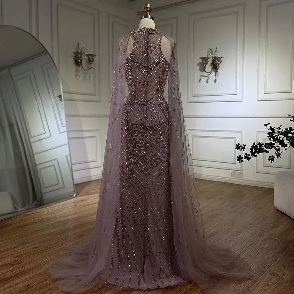 Luxury Dubai Arabic Luxury Dubai Caramel Mermaid Cape Sleeves Beaded Evening Dresses Gowns For Women Party LA72138
