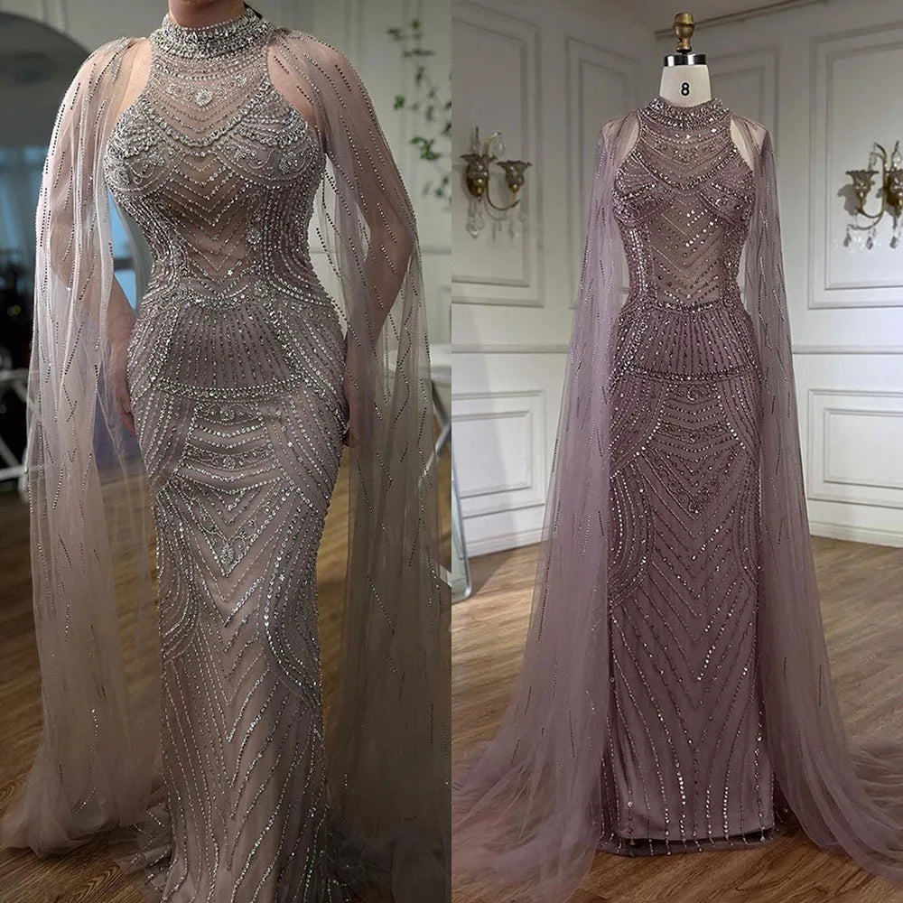 Luxury Dubai Arabic Luxury Dubai Caramel Mermaid Cape Sleeves Beaded Evening Dresses Gowns For Women Party LA72138