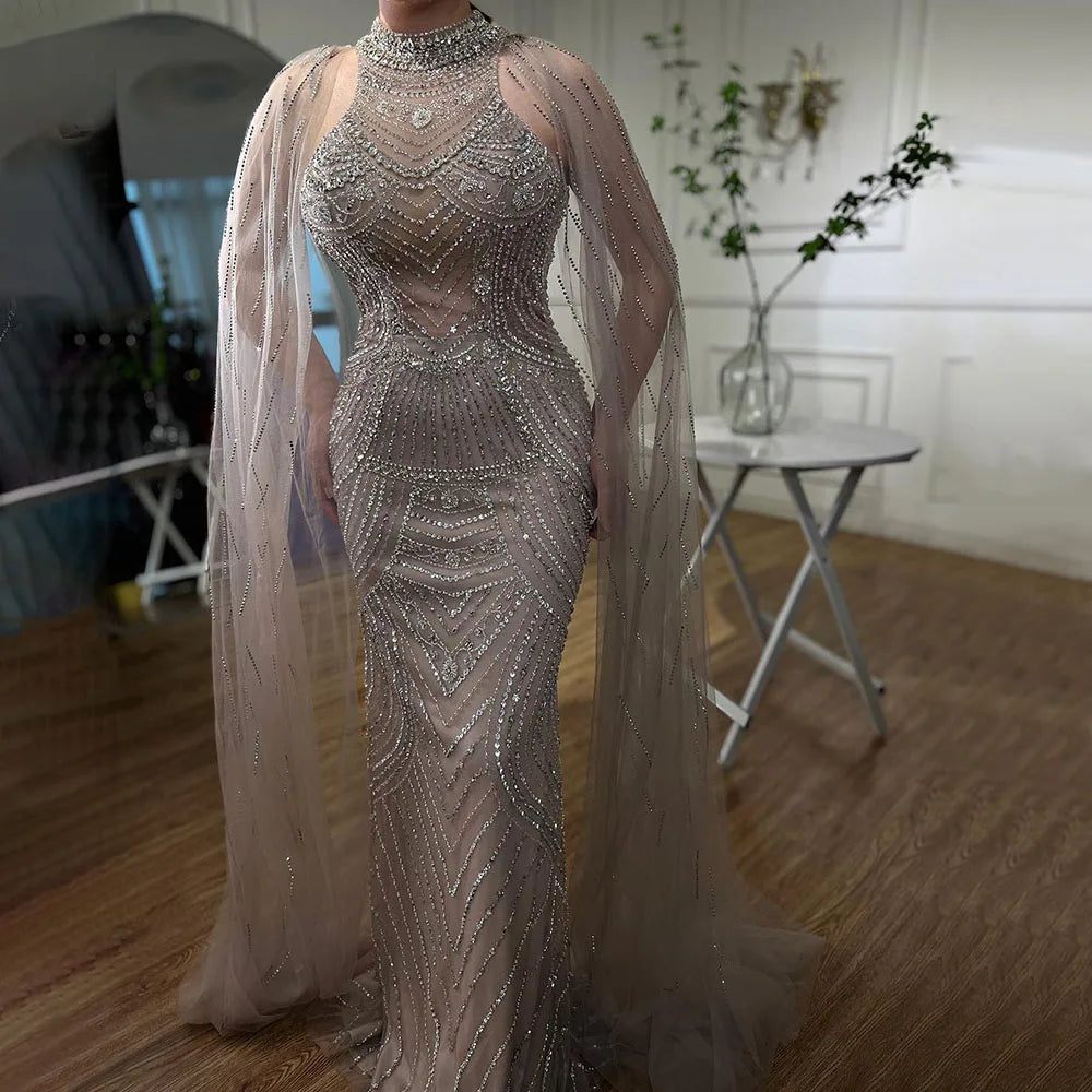 Luxury Dubai Arabic Luxury Dubai Caramel Mermaid Cape Sleeves Beaded Evening Dresses Gowns For Women Party LA72138
