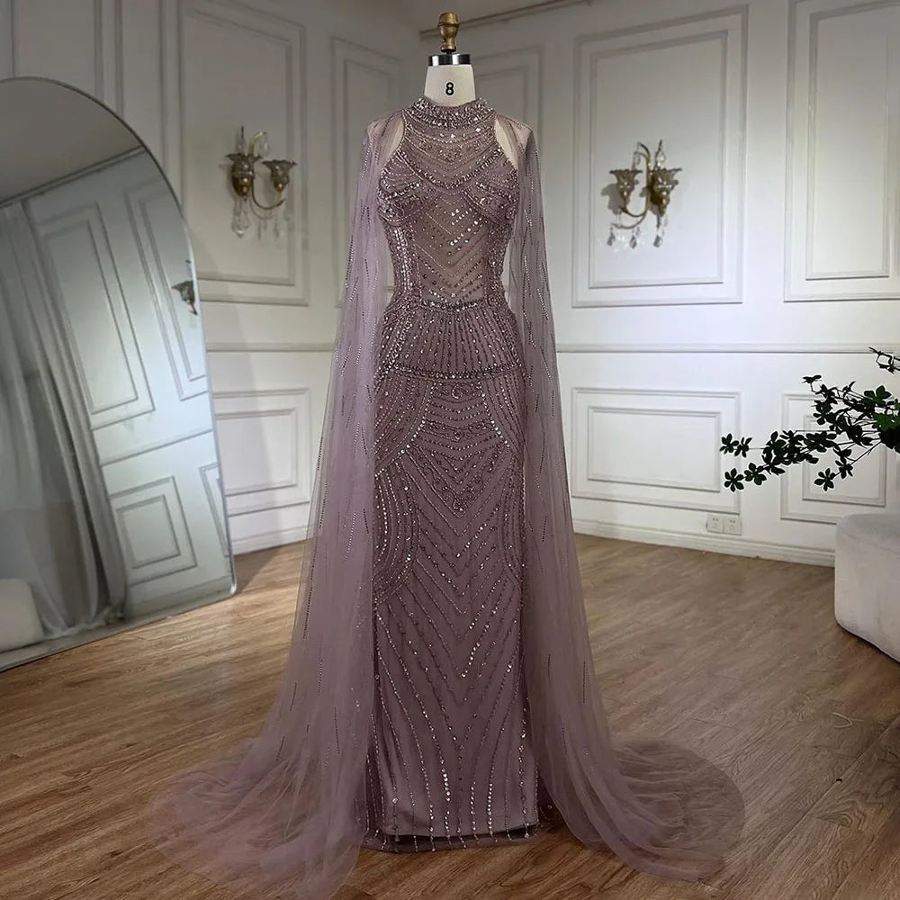 Luxury Dubai Arabic Luxury Dubai Caramel Mermaid Cape Sleeves Beaded Evening Dresses Gowns For Women Party LA72138