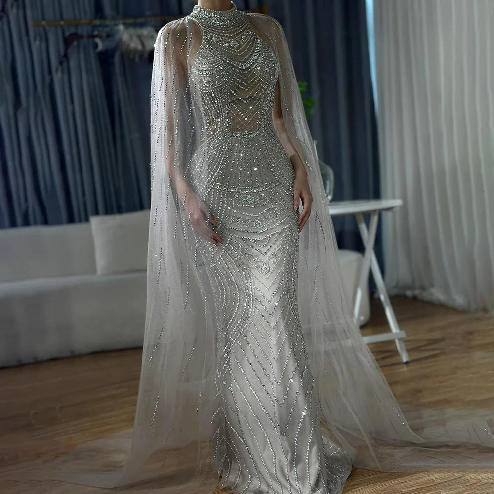 Luxury Dubai Arabic Luxury Dubai Caramel Mermaid Cape Sleeves Beaded Evening Dresses Gowns For Women Party LA72138