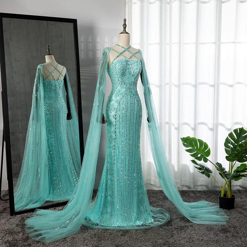 Luxury Aqua Lilac Mermaid Evening Dress with Cape Sleeves LA71905