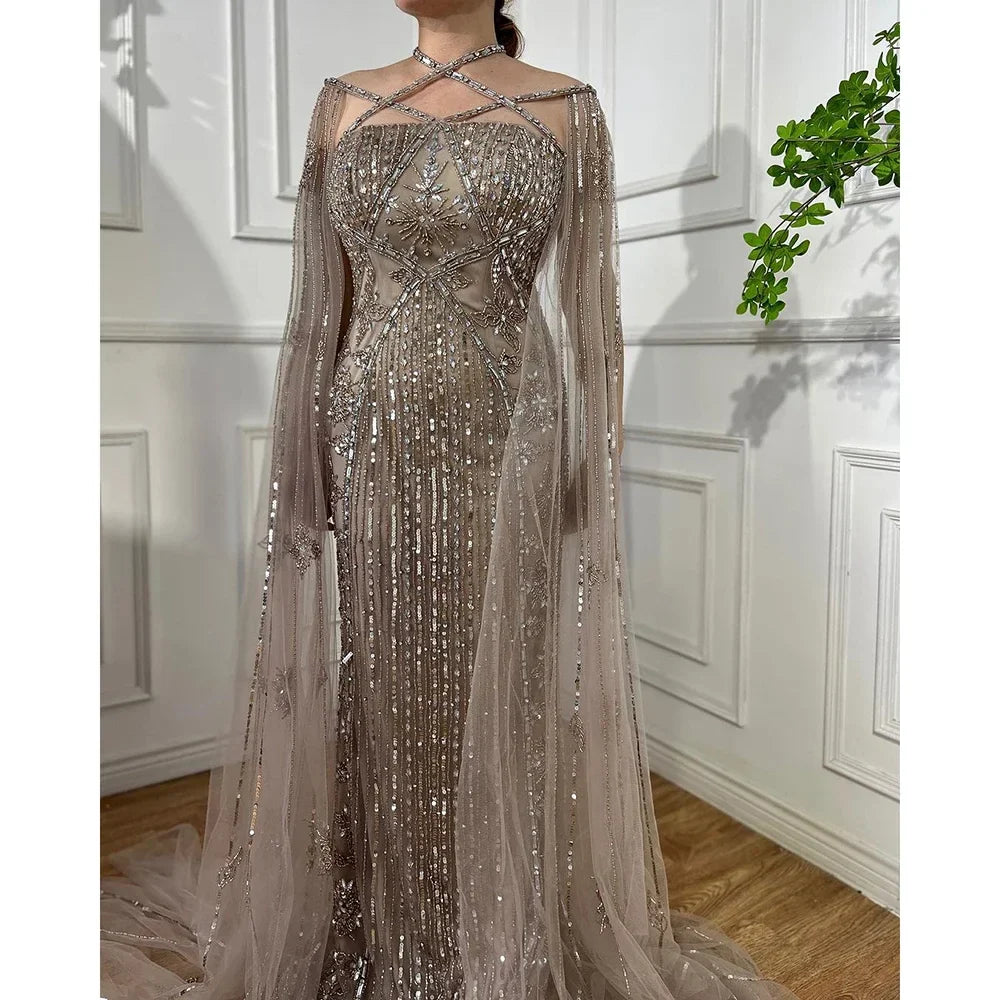 Luxury Aqua Lilac Mermaid Evening Dress with Cape Sleeves LA71905