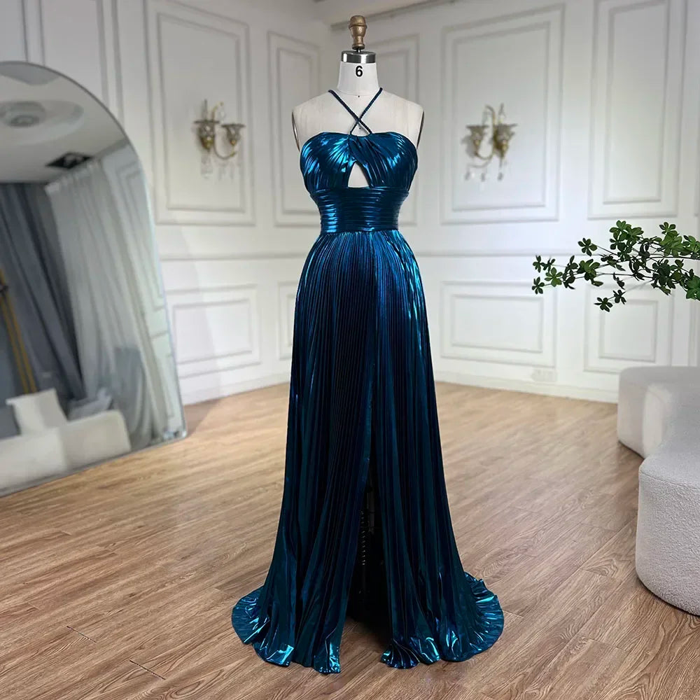 Serene Hill Arabic Navy Blue Halter Straps Lace-Up Back Mermaid Beaded Evening Gown for Women | Wedding Party LA72625
