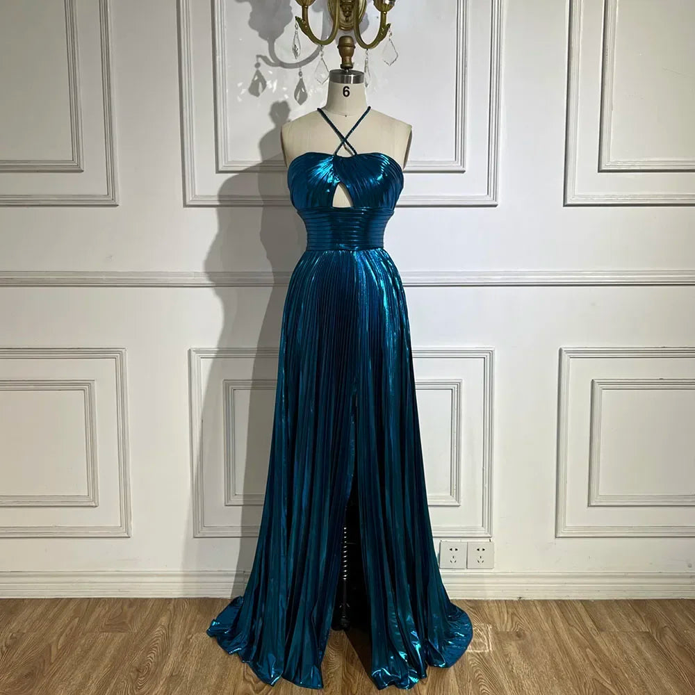 Serene Hill Arabic Navy Blue Halter Straps Lace-Up Back Mermaid Beaded Evening Gown for Women | Wedding Party LA72625