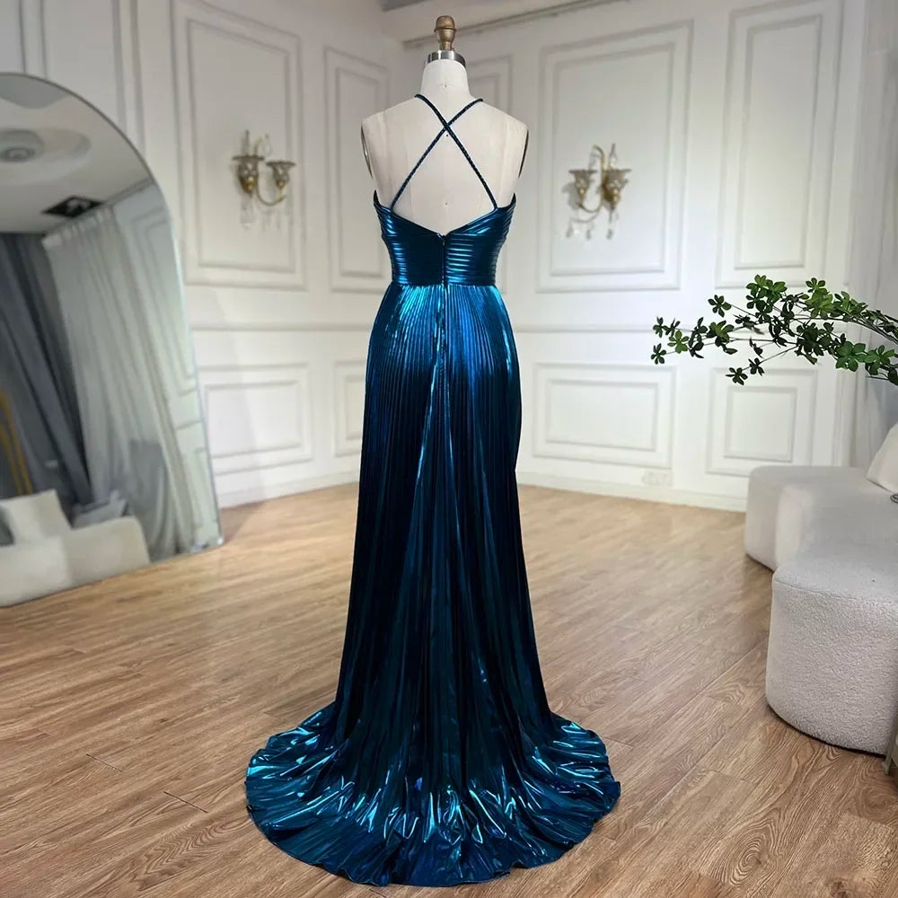 Serene Hill Arabic Navy Blue Halter Straps Lace-Up Back Mermaid Beaded Evening Gown for Women | Wedding Party LA72625
