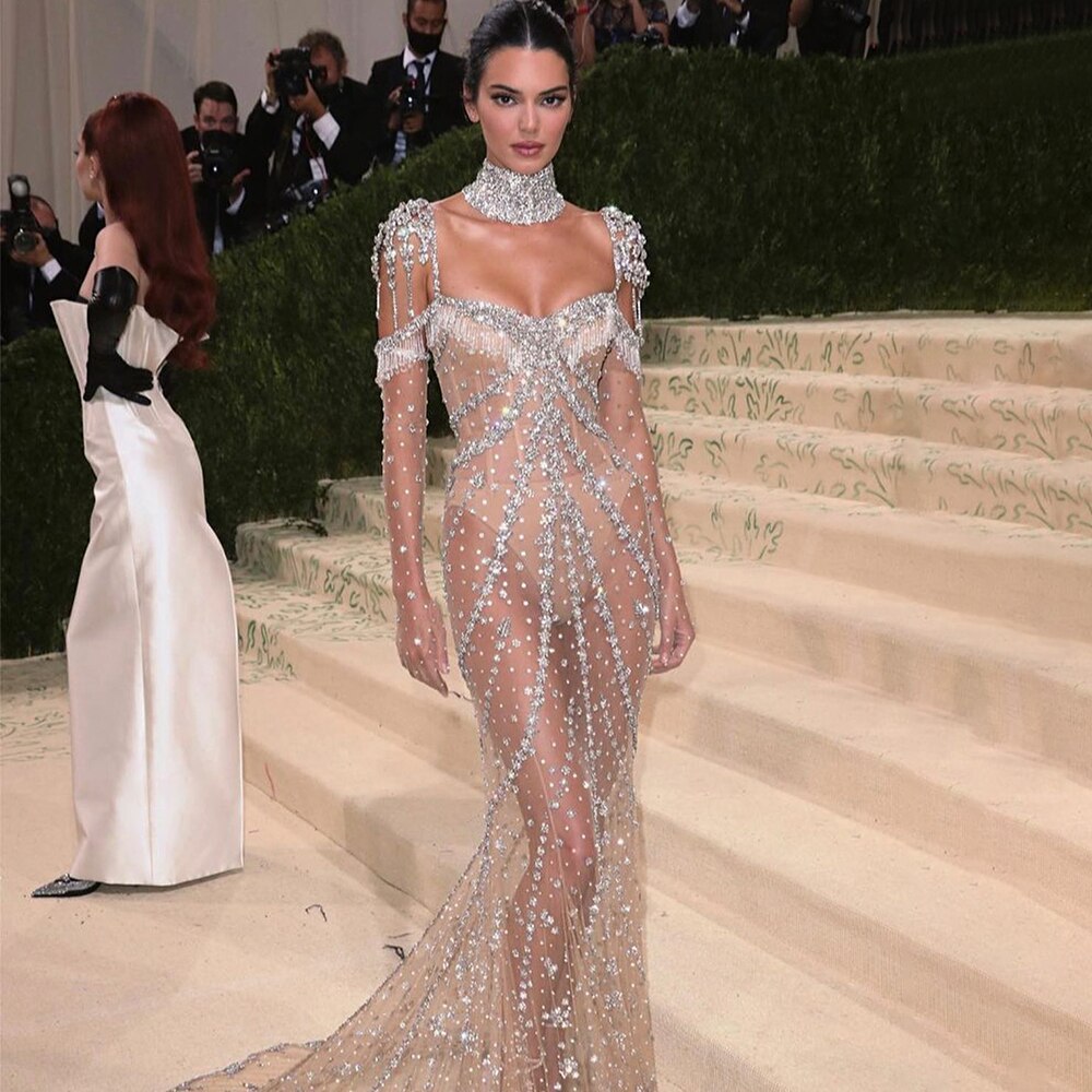 Serene Hill Luxury Arabic Nude Kendall Jenner Mermaid Evening Dresses Beaded Tassel LA71540