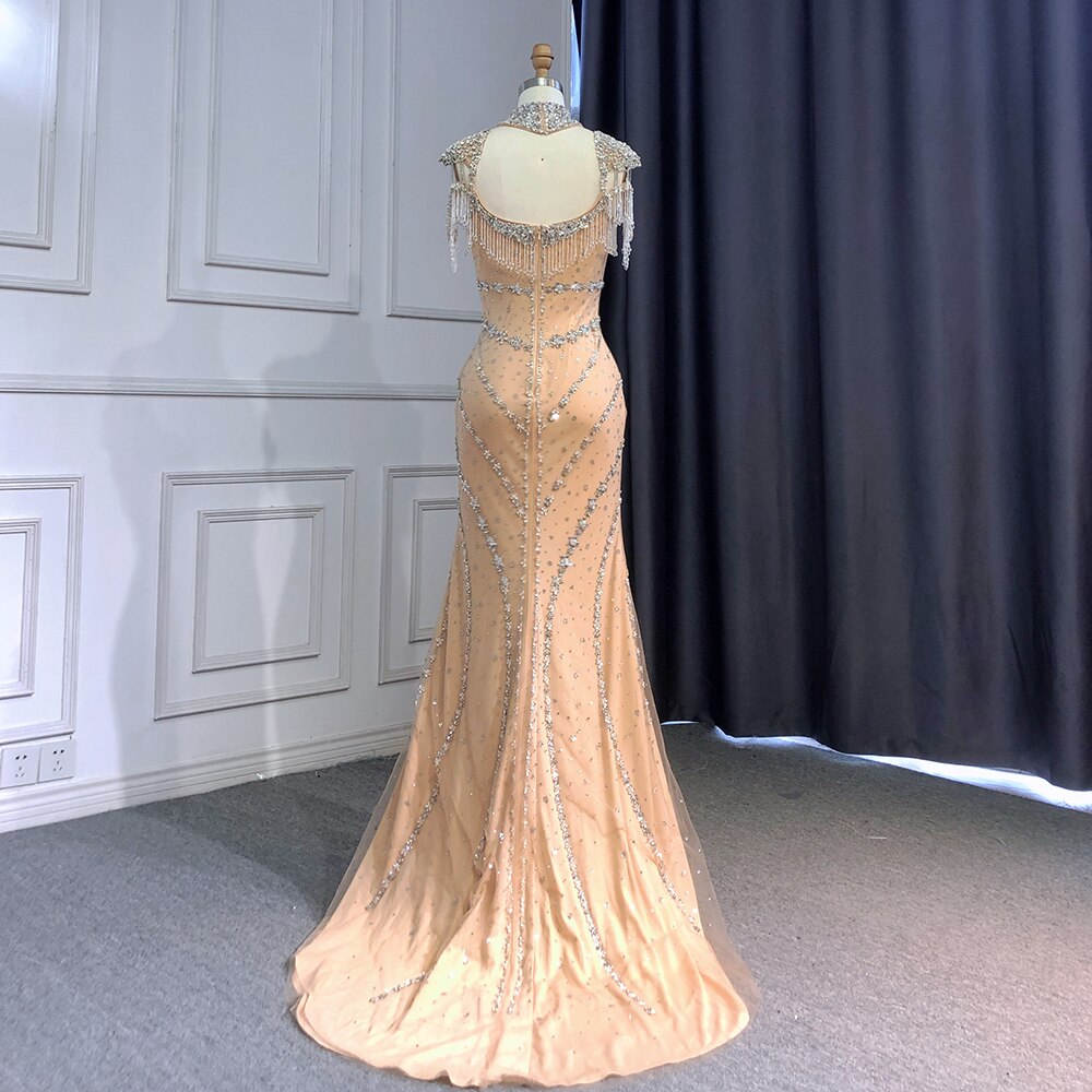 Serene Hill Luxury Arabic Nude Kendall Jenner Mermaid Evening Dresses Beaded Tassel LA71540