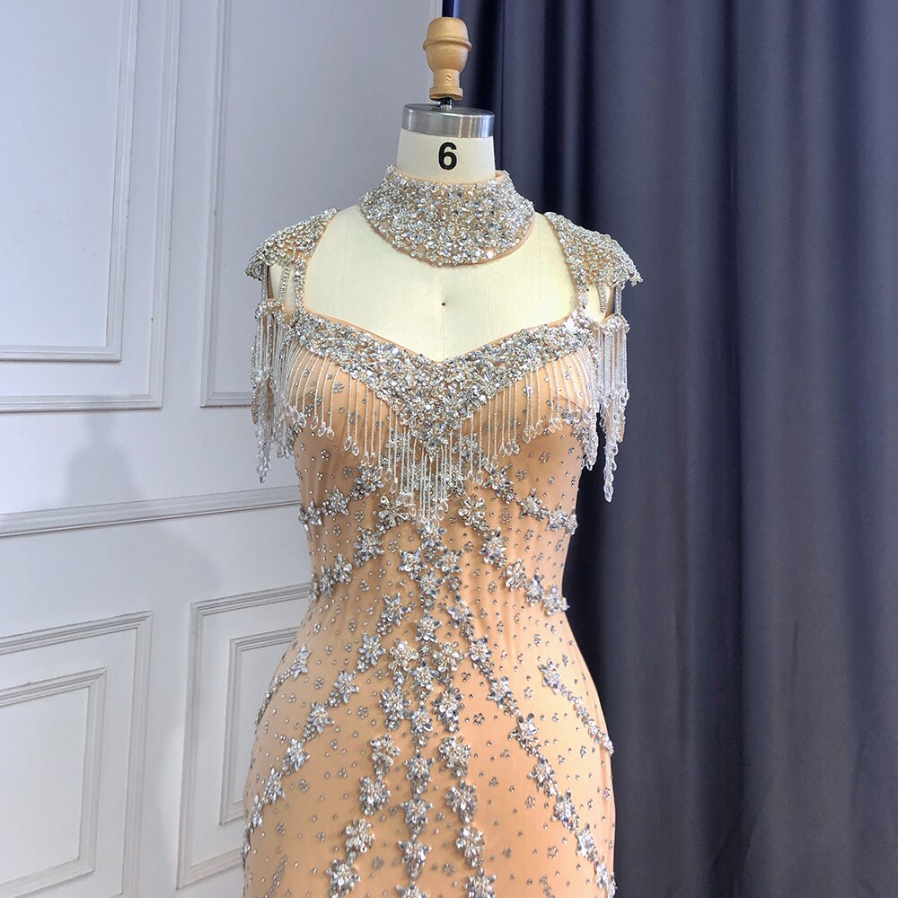 Serene Hill Luxury Arabic Nude Kendall Jenner Mermaid Evening Dresses Beaded Tassel LA71540