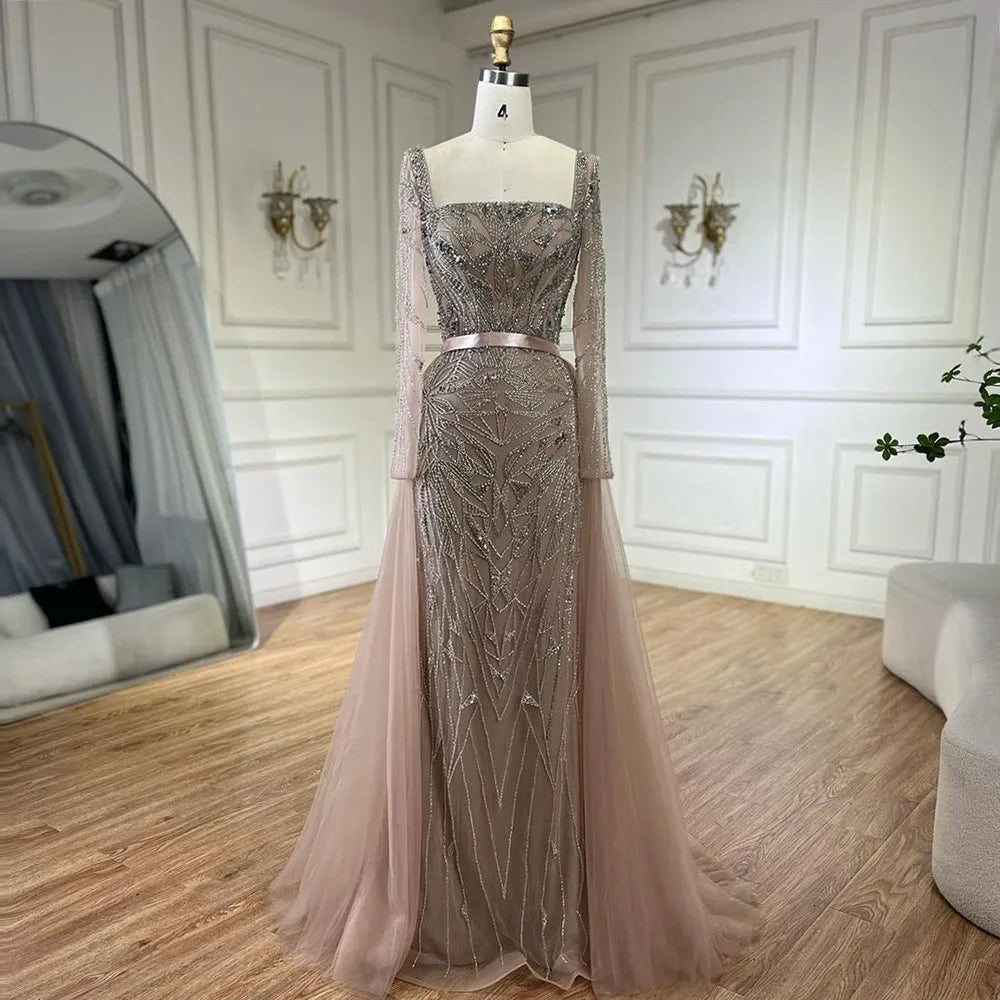 Serene Hill Arabic Nude Mermaid Beaded Luxury Dubai Long Evening Dress 2-in-1 Skirt with Overskirt Women's Party 2025 LA72261A