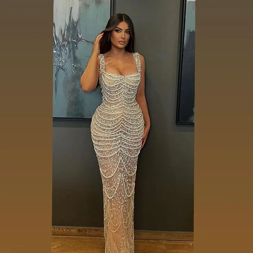 Luxury Dubai Arabic Nude Spaghetti Strap Mermaid Luxury Pearls Beaded Evening Gown for Women | Wedding Party LA72606A