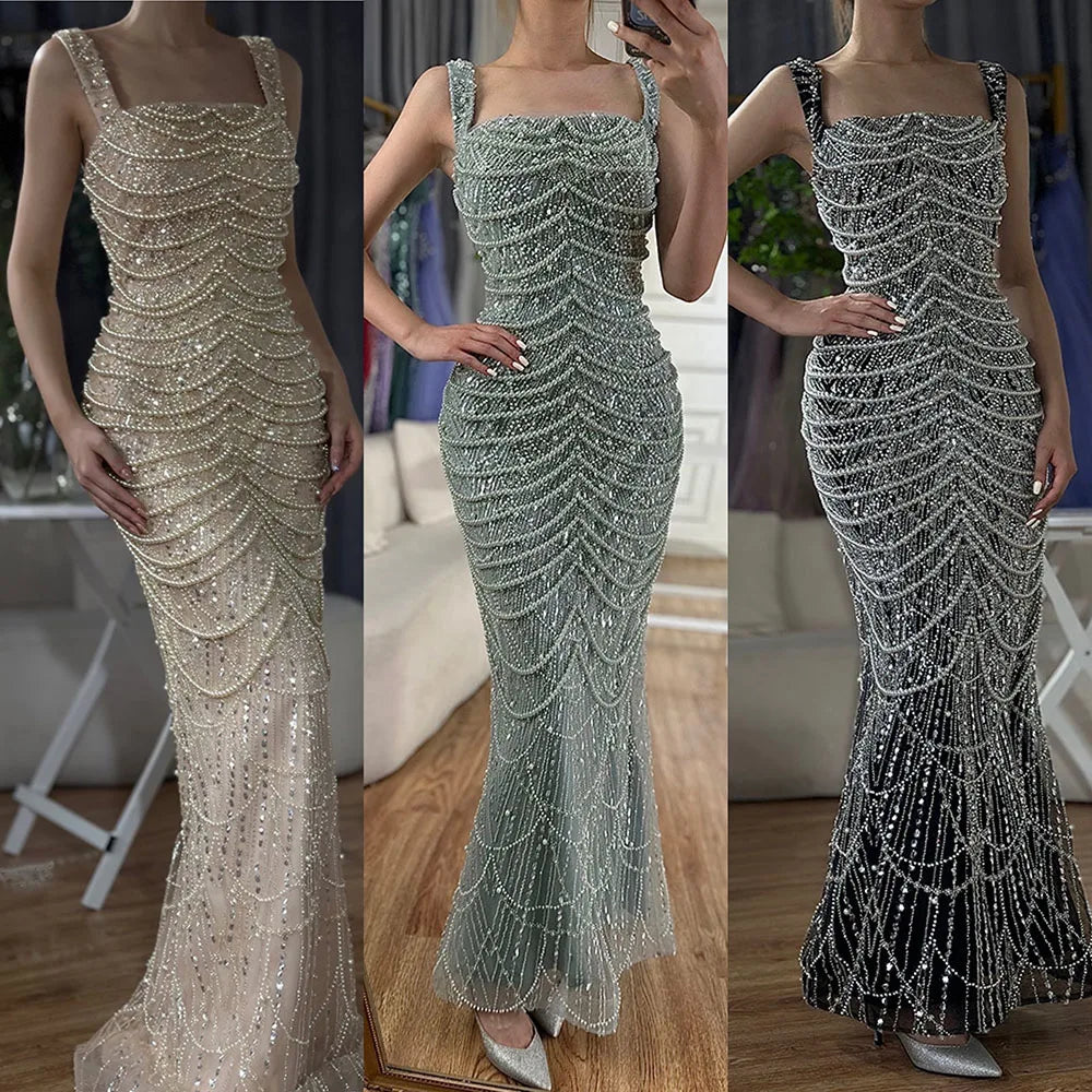 Luxury Dubai Arabic Nude Spaghetti Strap Mermaid Luxury Pearls Beaded Evening Gown for Women | Wedding Party LA72606A