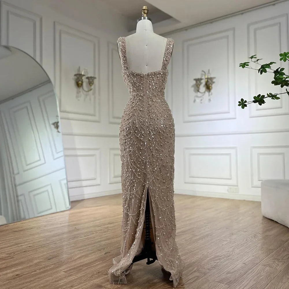 Luxury Dubai Arabic Nude Spaghetti Strap Mermaid Luxury Pearls Beaded Evening Gown for Women | Wedding Party LA72606A
