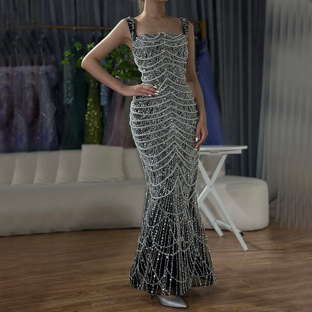 Luxury Dubai Arabic Nude Spaghetti Strap Mermaid Luxury Pearls Beaded Evening Gown for Women | Wedding Party LA72606A