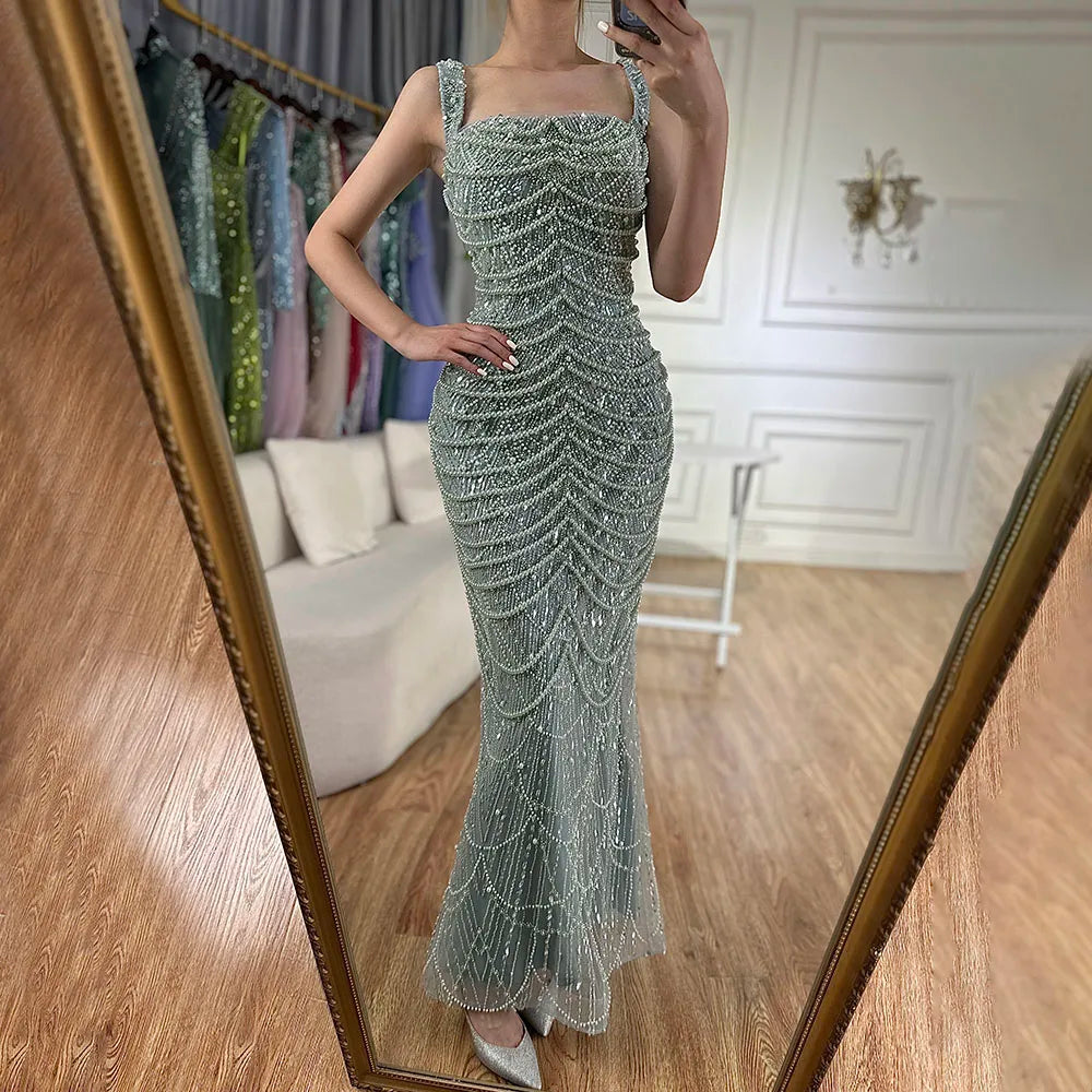 Luxury Dubai Arabic Nude Spaghetti Strap Mermaid Luxury Pearls Beaded Evening Gown for Women | Wedding Party LA72606A
