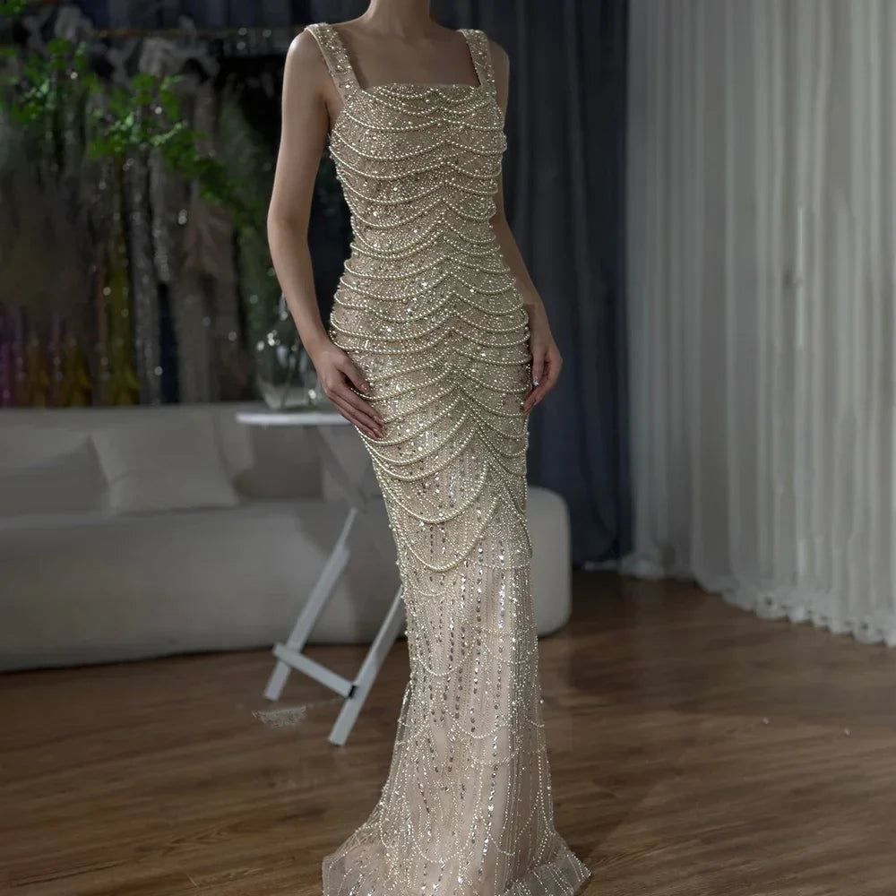 Luxury Dubai Arabic Nude Spaghetti Strap Mermaid Luxury Pearls Beaded Evening Gown for Women | Wedding Party LA72606A