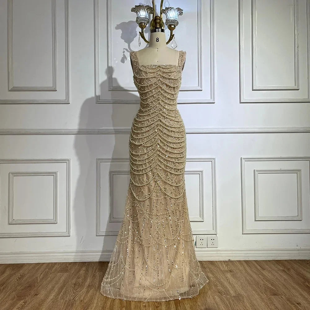Luxury Dubai Arabic Nude Spaghetti Strap Mermaid Luxury Pearls Beaded Evening Gown for Women | Wedding Party LA72606A