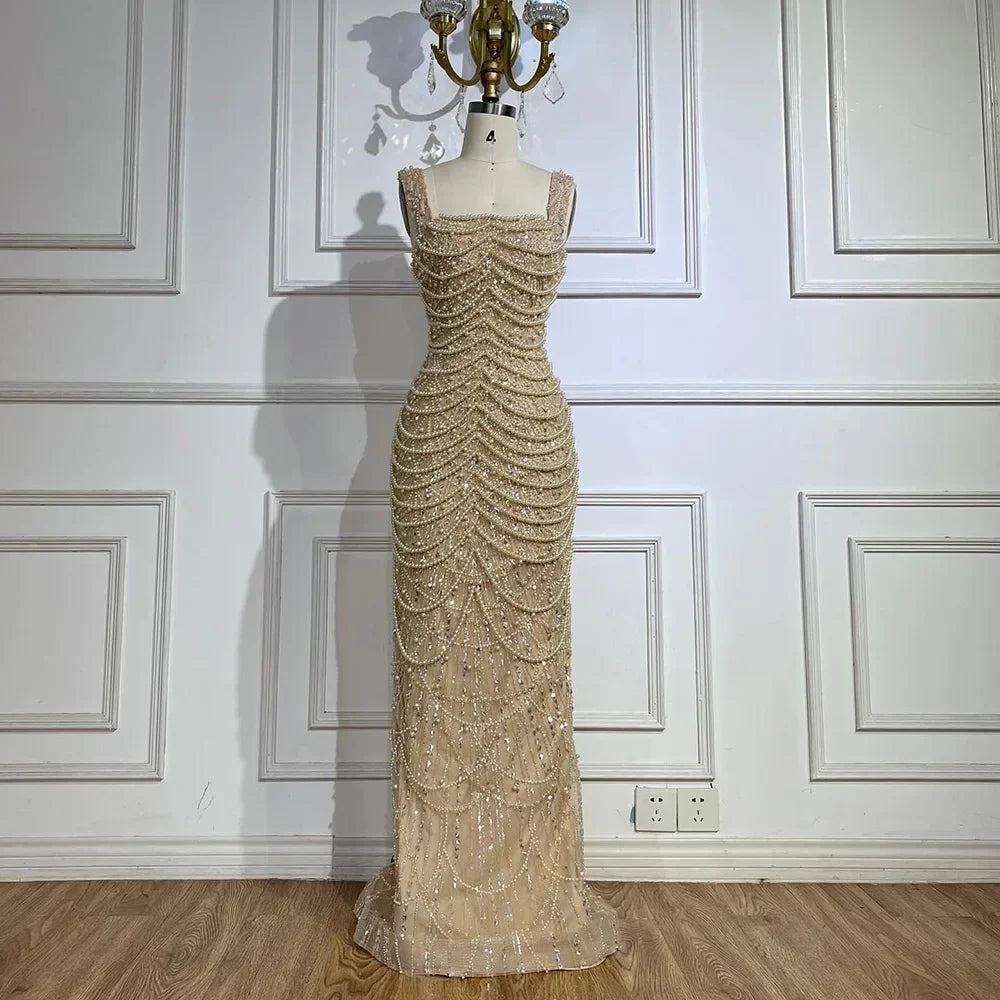 Luxury Dubai Arabic Nude Spaghetti Strap Mermaid Luxury Pearls Beaded Evening Gown for Women | Wedding Party LA72606A