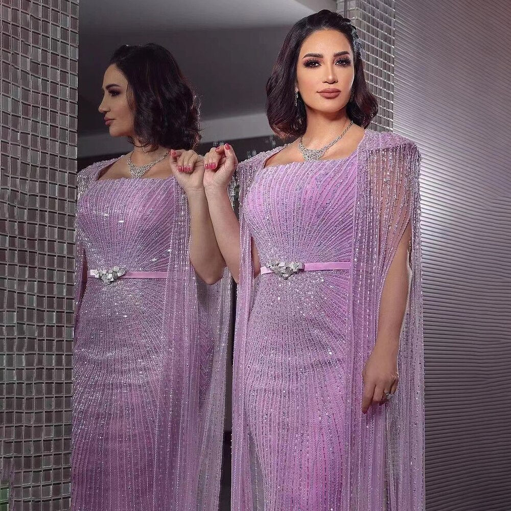 Serene Hill Arabic Purple Mermaid Cape Sleeves Beaded Luxury Dubai Long Evening Dresses Gowns For Women Party 2025 LA71009