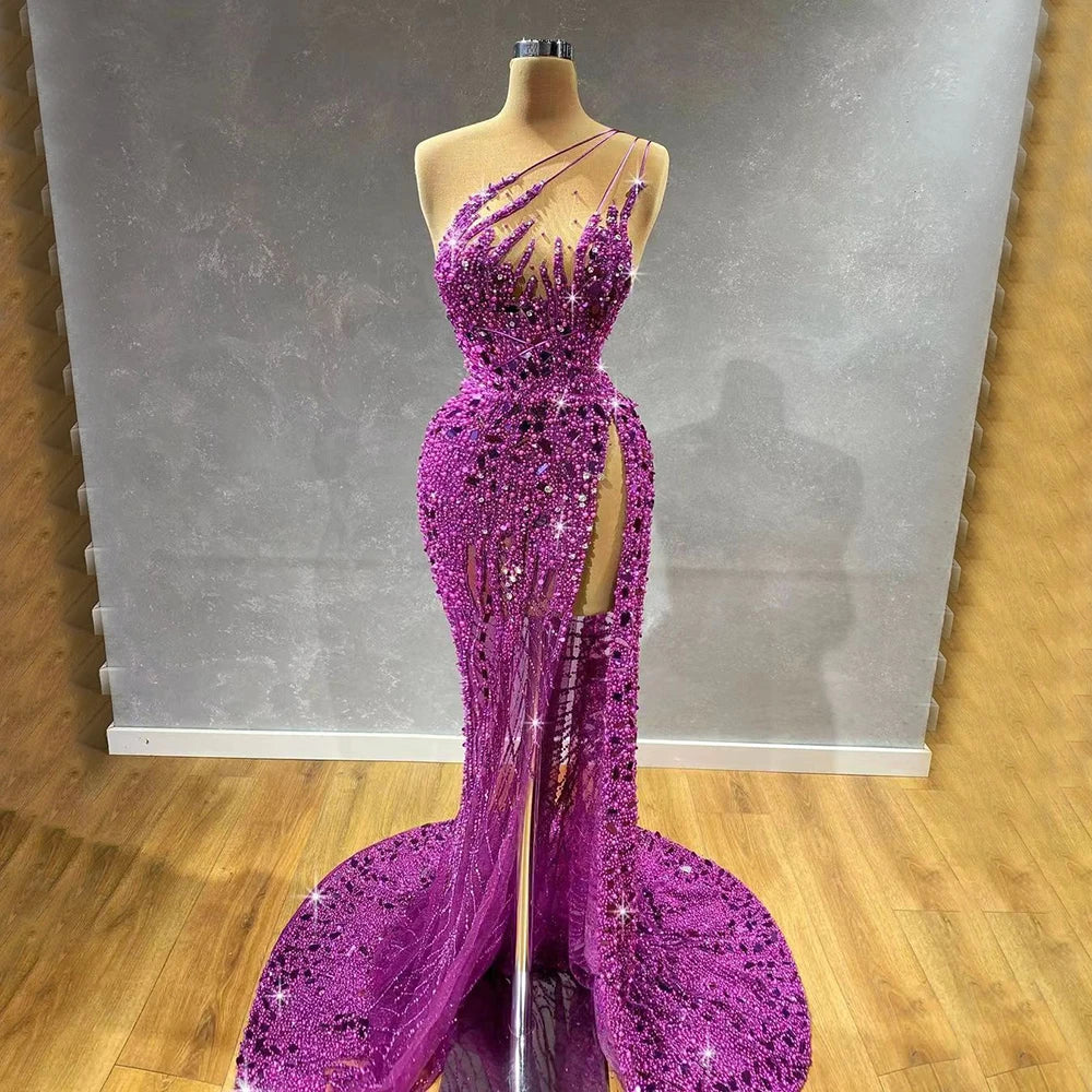 Luxury Dubai Arabic Purple Mermaid One Shoulder High Split Beaded Luxury Evening Dresses Gowns For Women Party LA71820