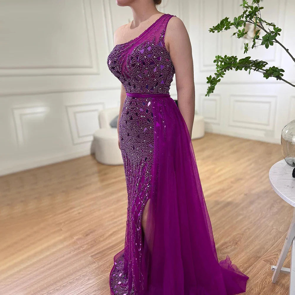 Luxury Dubai Arabic Purple Mermaid One Shoulder High Split Beaded Luxury Evening Dresses Gowns For Women Party LA71820