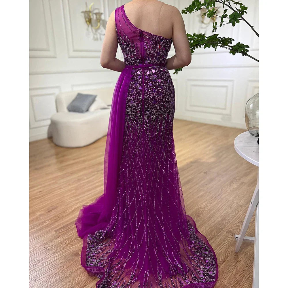 Luxury Dubai Arabic Purple Mermaid One Shoulder High Split Beaded Luxury Evening Dresses Gowns For Women Party LA71820