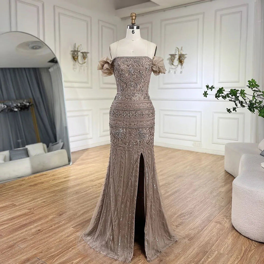 Caramel Beaded Evening Dress with Detachable Overskirt LA72603